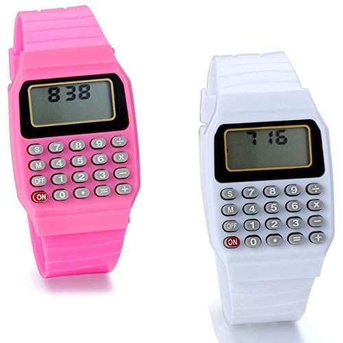 JewelryWe 2pcs Jungen Maedchen Kinder Armbanduhr, Studenten Digital Quarz Rechner Uhr Calculator Watch mit Resin Armband, Weiss Pink