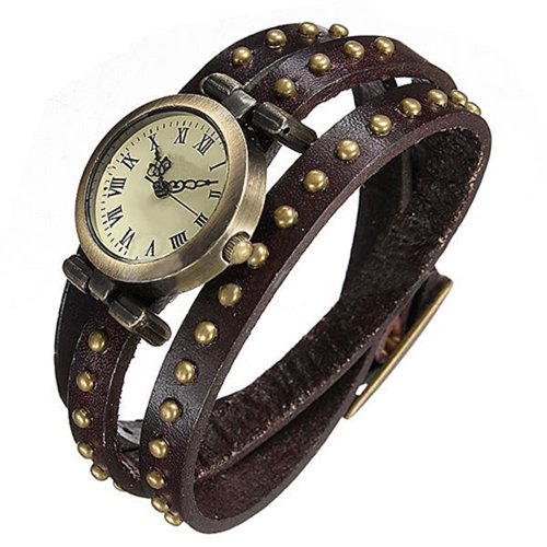 Fashion Retro Quarzuhr Armreif Leder Armbanduhr Uhr Kaffeebraun