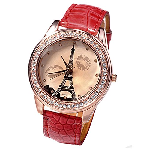 Damen Maedchen champagnerfarben Dial Lovers Lippen Eiffelturm Armbanduhr Rot