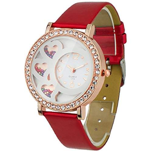 Nette Damen Uhr rundes Zifferblatt Analoge Uhr mit Strass und Kunsperlen Dekoration Rot