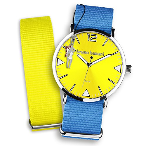 Bruno Banani Damen Set Quarz Uhr Textil Nylon Armband blau gelb Fee Anhaenger UBRS66GE