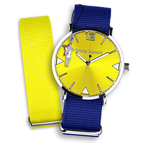 Bruno Banani Damen Set Quarz Uhr Textil Nylon Armband dunkelblau gelb Fee Anhaenger UBRS60GE