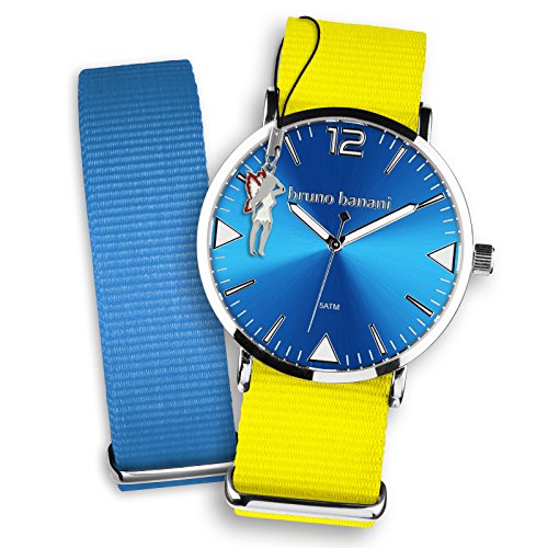 Bruno Banani Damen Set Quarz Uhr Textil Nylon Armband gelb blau Fee Anhaenger UBRS67BL