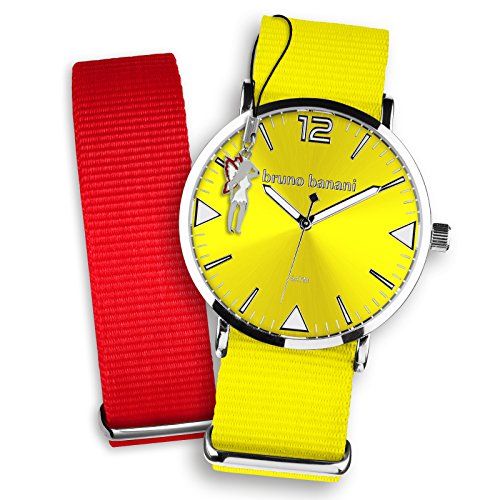 Bruno Banani Damen Set Quarz Uhr Textil Nylon Armband gelb rot Fee Anhaenger UBRS57RO