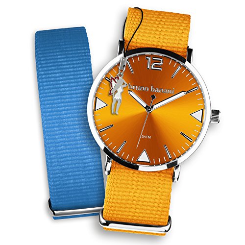Bruno Banani Damen Set Quarz Uhr Textil Nylon Armband orange blau Fee Anhaenger UBRS56BL
