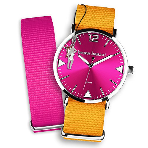 Bruno Banani Damen Set Quarz Uhr Textil Nylon Armband orange pink Fee Anhaenger UBRS69PI