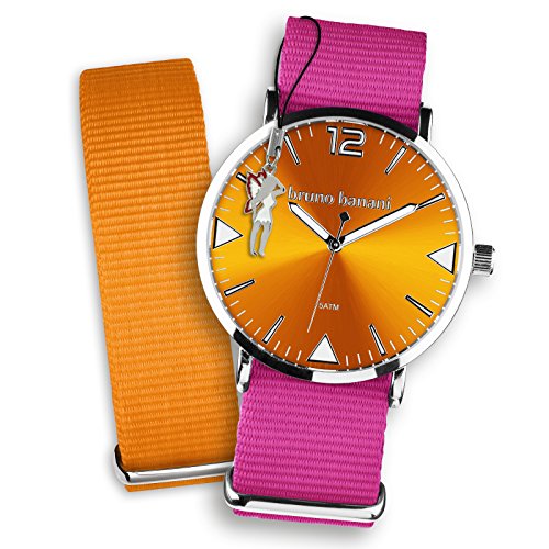 Bruno Banani Damen Set Quarz Uhr Textil Nylon Armband pink orange Fee Anhaenger UBRS68OR