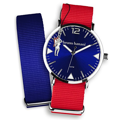 Bruno Banani Damen Set Quarz Uhr Textil Nylon Armband rot dunkelblau Fee Anhaenger UBRS64DU
