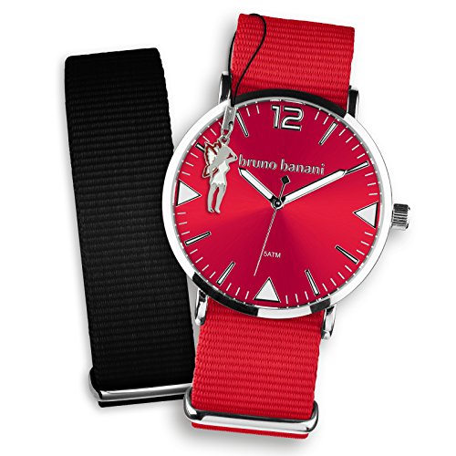 Bruno Banani Damen Set Quarz Uhr Textil Nylon Armband rot schwarz Fee Anhaenger UBRS55SC