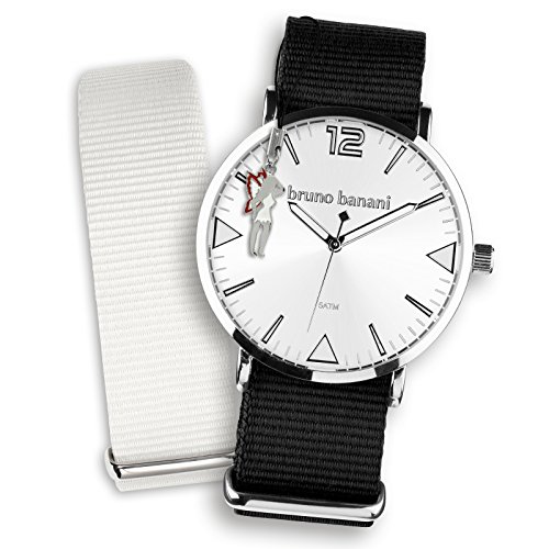 Bruno Banani Damen Set Quarz Uhr Textil Nylon Armband schwarz naturweiss Fee Anhaenger UBRS63WE