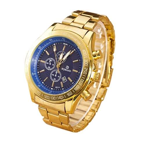 OrrOrr Uhren,Gold Design unecht in Chronograph Optik Unisex Armbanduhr,Klassisch Edelstanl Panzerarmband Damen Herren Quarzuhr blau