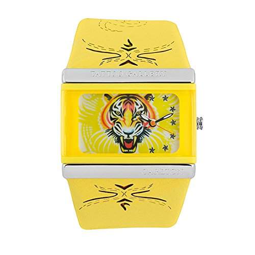 Original Carlton Damen Silikon Armbanduhr Silikonarmband Uhr Rechteckig Analoguhr mit Tiger und Sterne Tier Motiv - Gelb