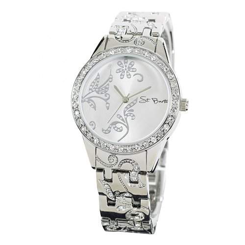 St Barth Damen-Armbanduhr Trendy Analog Quarz Metallband Silber mit Strass SLA-90599-45M