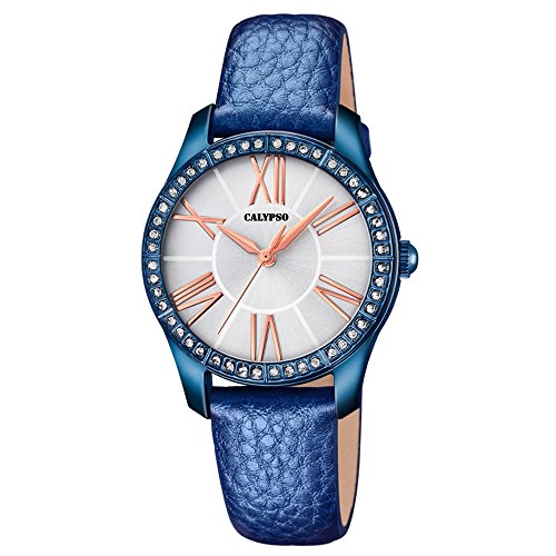 Calypso Fashion analog Leder Armband blau Quarz Uhr Ziffernblatt silber kupfer rosegold UK5719 2