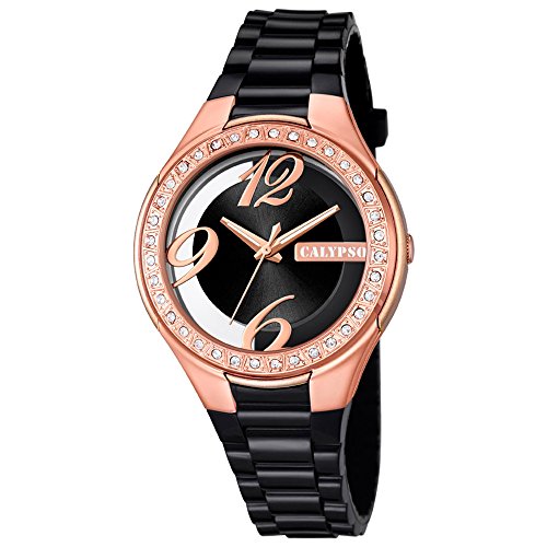 Calypso Fashion analog PU Armband schwarz Quarz Uhr Ziffernblatt schwarz kupfer UK5679 C