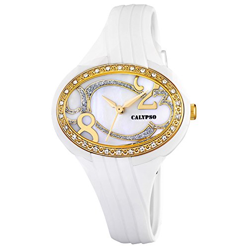 CALYPSO Fashion analog PU Armband weiss Quarz Uhr Ziffernblatt weiss gold UK5640 3