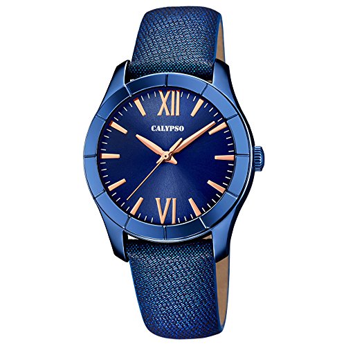 Calypso Fashion analog Leder Textil Armband blau Quarz Uhr Ziffernblatt blau kupfer UK5718 4