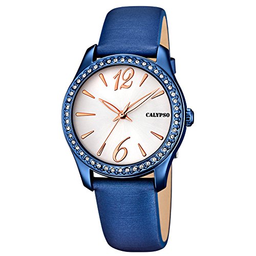 Calypso Fashion analog Leder Textil Armband blau Quarz Uhr Ziffernblatt silber kupfer UK5717 3