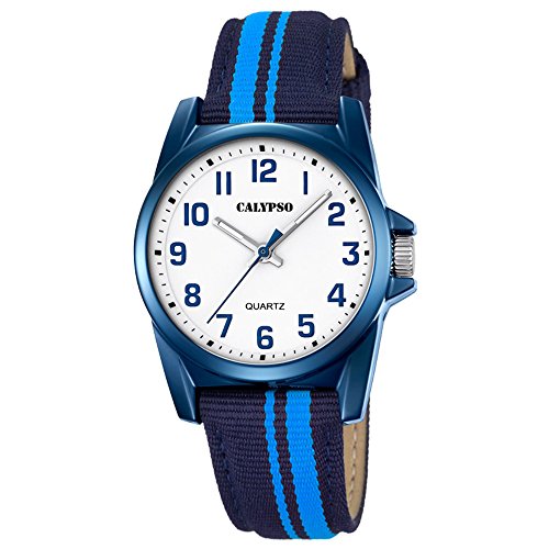 Calypso Elegant analog Leder Textil Armband hellblau dunkelblau Quarz Uhr Ziffernblatt weiss blau Jugenduhr UK5707 6