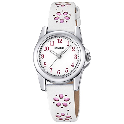 Calypso Kinder Uhr Bluemchen Elegant analog Leder Armband weiss rosa Junior Quarz Uhr UK5712 2
