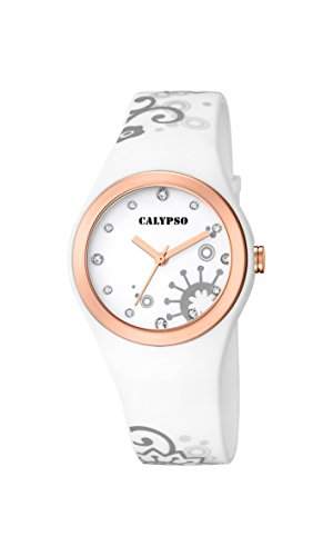 Calypso Damen Quarzuhr mit weissem Zifferblatt Analog-Anzeige und Weiss Kunststoff Gurt k56313
