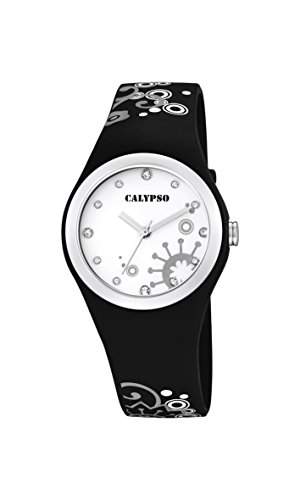 Calypso Damen Quarzuhr mit weissem Zifferblatt Analog-Anzeige und Kunststoff Gurt schwarz k56314