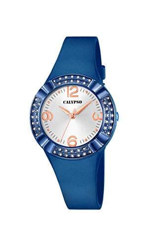 Calypso Damen Quarzuhr mit weissem Zifferblatt Analog-Anzeige und Blau Kunststoff Gurt k56595