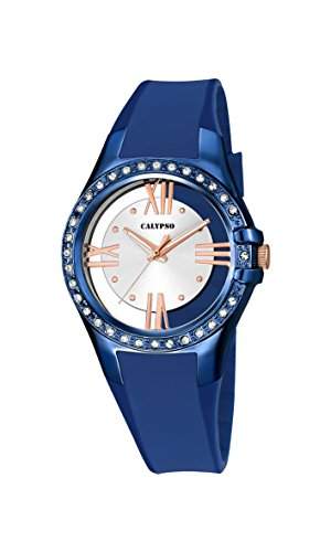 Calypso Damen Quarzuhr mit Silber Zifferblatt Analog-Anzeige und Blau Kunststoff Gurt k56805