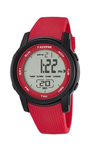 Calypso Unisex Armbanduhr Digitaluhr mit LCD Zifferblatt Digital Display und rot Kunststoff Gurt k56983