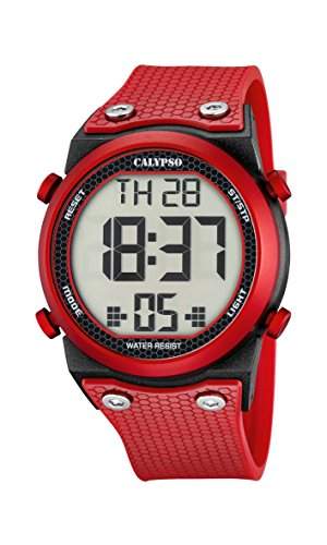 Calypso Unisex Armbanduhr Digitaluhr mit LCD Zifferblatt Digital Display und rot Kunststoff Gurt k57055