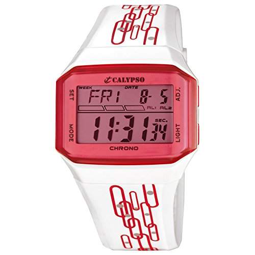 CALYPSO Damen-Armbanduhr Fashion Chronograph PU-Armband weiss rot Quarz-Uhr Ziffernblatt rot UK55893