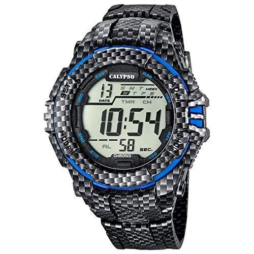 CALYPSO Herren-Armbanduhr Sport Chronograph PU-Armband carbon blau Quarz-Uhr Ziffernblatt schwarz blau UK56815