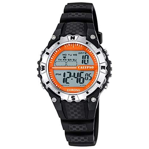 Calypso Damen Herren-Armbanduhr Sport digital PU-Armband schwarz Quarz-Uhr Ziffernblatt orange UK56843