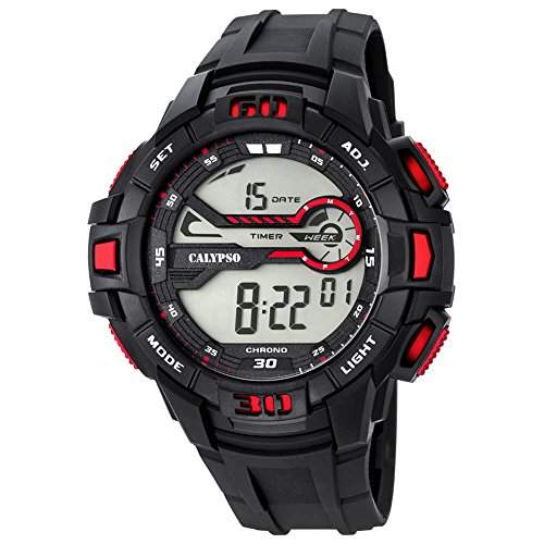 Calypso Herren-Armbanduhr Sport digital PU-Armband schwarz Quarz-Uhr Ziffernblatt schwarz rot UK56955