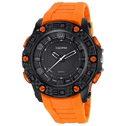Calypso Herren-Armbanduhr Sport analog PU-Armband orange Quarz-Uhr Ziffernblatt schwarz UK56991
