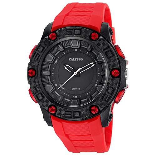 Calypso Herren-Armbanduhr Sport analog PU-Armband rot Quarz-Uhr Ziffernblatt schwarz UK56992