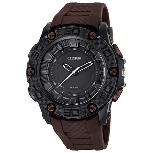Calypso Herren-Armbanduhr Sport analog PU-Armband braun Quarz-Uhr Ziffernblatt schwarz UK56994