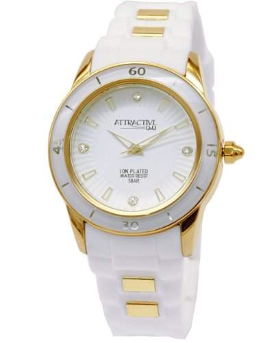 Q&Q Attractive Damen Uhr DA43J101 Weiss und goldfarbig mit Silikon armband Analog Quarz