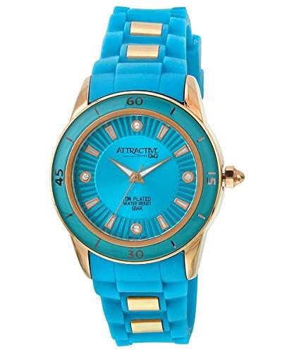 Q&Q Attractive Damen Uhr DA43J112 blau und rosegoldfarbig mit Silikon armband Analog Quarz