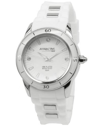 Q&Q Attractive Damen Uhr DA43J301 Weiss und silberfarbig mit Silikon armband Analog Quarz
