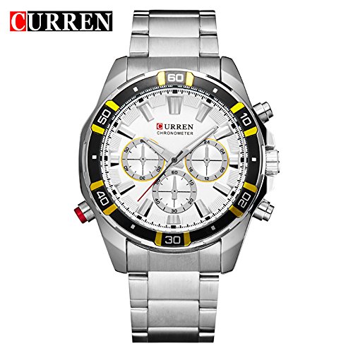 Wasserdicht 8184 Fashion Herren Casual Quarz Uhr mit weissem Zifferblatt weiss Edelstahl Armband