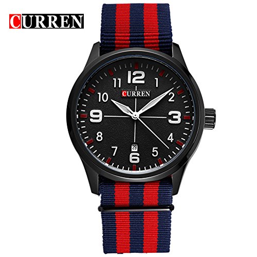 Wasserdicht 8195 Fashion Herren Sport Einfache Quarzuhr mit schwarzem Zifferblatt blau und rot Nylon Riemen
