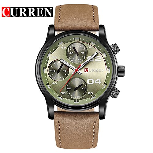 Wasserdicht 8207 Sport Design Herren Analog Uhr mit Gruen Zifferblatt braun Lederband