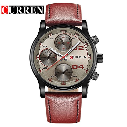 Wasserdicht 8207 Sports Design Herren Analog Uhr mit Braun Zifferblatt rot Lederband