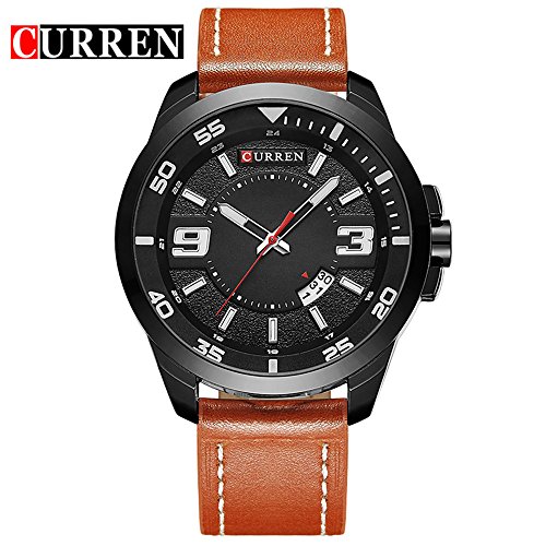 Wasserdicht 8213 Herren Fashion Casual Armbanduhr mit schwarzem Zifferblatt braun Lederband