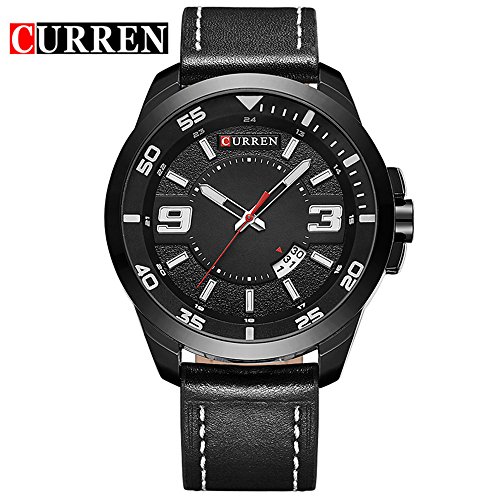 Wasserdicht 8213 Herren Fashion Casual Armbanduhr mit schwarzem Zifferblatt schwarz Leder Band