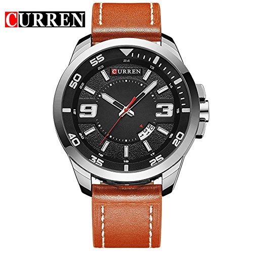 Wasserdicht 8213 Herren Fashion Casual Armbanduhr mit schwarzem Zifferblatt braun Leder Band