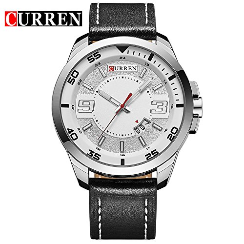 Wasserdicht 8213 Herren Fashion Casual Armbanduhr mit weissem Zifferblatt schwarz Leder Band
