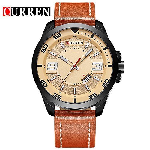 Wasserdicht 8213 Herren Fashion Casual Armbanduhr mit Zifferblatt Orange Braun Leder Band