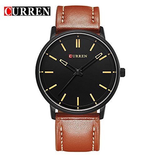 Wasserdicht 8233 Einfache Business Herren Ultra Duenne Fashion Armbanduhr mit schwarzem Zifferblatt braun Leder